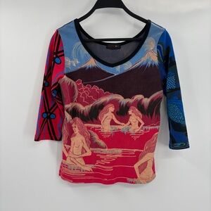 Custo Barcelona Y2K 2000s 90s V Neck Japanese Art Retro Graphic Abstract Small